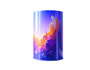 Cylindrical glass container holding vibrant, abstract landscape