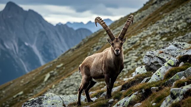 A majestic male Alpine Ibex with large curved horns standing on a rocky mountain slope with a dramatic alpine landscape in the background.