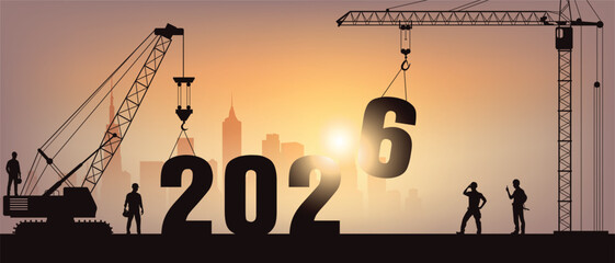 2026 New Year Construction Concept with Cranes and Workers