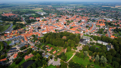 Aerial panorama of the downtown of the city Varde in Denmark on a sunny summer day.