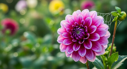 Beautiful dahlia glistens with morning dew and a delicate spiderweb in the garden sunlight