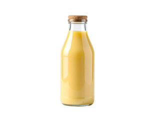 Clear glass bottle, light yellow liquid, cork top