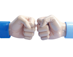 Two light beige hands, fists clenched, in a light blue sleeve, meeting in the middle