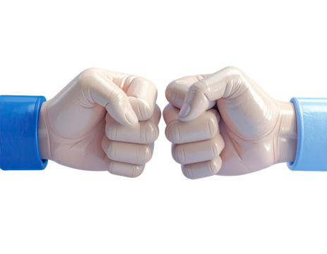 Two light beige hands, fists clenched, in a light blue sleeve, meeting in the middle