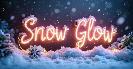 Bright neon text reads Snow Glow over snowy landscape. Winter scene features soft illumination, festive mood, dark background.