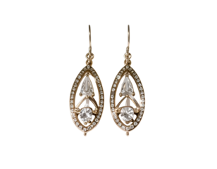 Delicate, gold-toned earrings with small, faceted stones and tiny pearls
