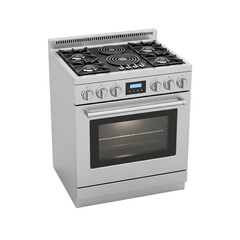 Obraz premium Modern stainless steel gas range oven with digital display and five burner cooktop transparent background