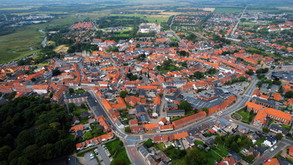 Aerial panorama of the downtown of the city Varde in Denmark on a sunny summer day.