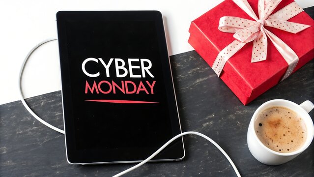 Cyber monday tablet display with gift and coffee, representing online shopping deals and promotions