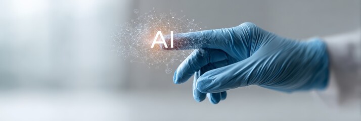Doctor wearing blue medical gloves is touching a futuristic interface with artificial intelligence - ai - inscription, symbolizing the integration of ai in healthcare