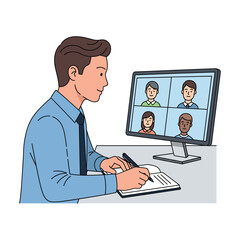 Businessman taking notes during a diverse team video conference call.