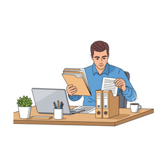 Focused Freelance Man Reviewing Documents at Desk, Modern Line Art Style