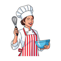 Happy Female Chef Baking; Cartoon Style Illustration