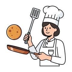 Happy Female Chef Tossing Pancake; Cartoon Style Illustration