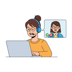 Happy Freelance Woman Video Conferencing on Laptop, Cartoon Style