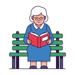 Happy Senior Woman Reading Book on Park Bench, Cartoon Style Illustration