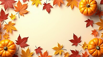 Obraz premium Autumn Pumpkin and Leaf Corners on Soft Beige Background for Seasonal Design