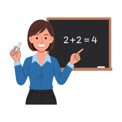 Smiling teacher explaining math equation on chalkboard, cartoon style.