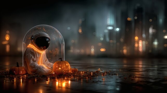 Halloween futuristic robots, pumpkin costumes, neon haunted house, sci fi spooky background, halloween AI art, glowing cyber pumpkin robots, festive futuristic halloween concept, spooky neon  - Powered by Adobe