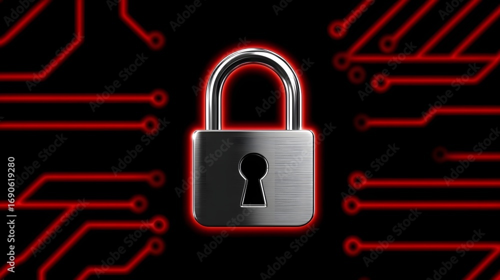 Poster a digital lock symbol placed on a circuit board background, representing the importance of cybersecu