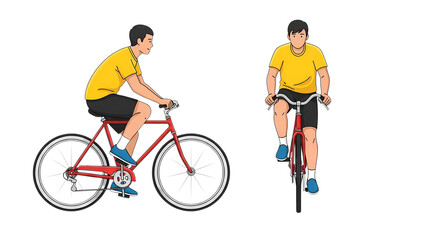 Fototapeta premium Riding a bike illustration for exercise and recreation with cyclist in yellow shirt and red bicycle frame on transparent background