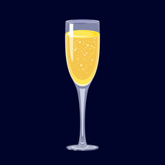 Glass of champagne isolated on dark  background. Vector cartoon flat illustration.