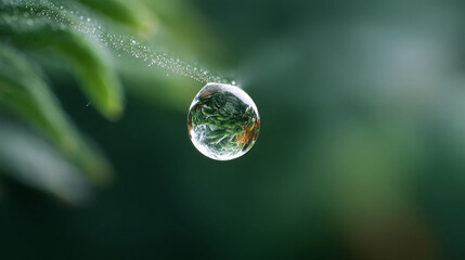 Captivating macro shot showcasing a water droplet suspended on a pine needle, reflecting nature within. Evokes freshness, purity, and delicate balance. Perfect for environmental themes.