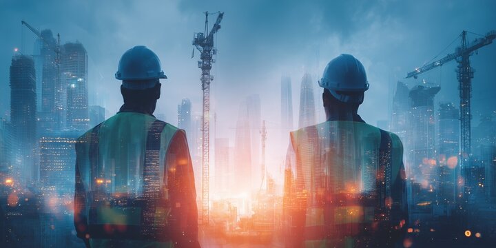 Two construction workers in hard hats overseeing a cityscape with cranes and buildings, concept for urban development, infrastructure planning and architectural engineering