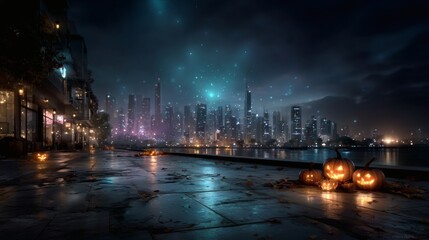 Cyberpunk halloween city, neon glowing pumpkins, holographic ghosts, futuristic witches, glowing skulls, sci fi haunted street, halloween festival atmosphere, high tech spooky art, cyberpunk 