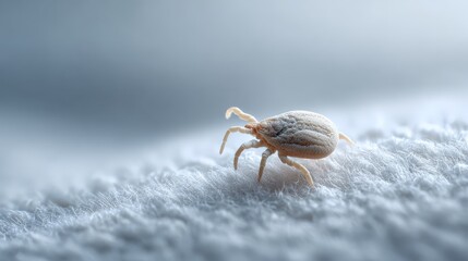 Microscopic dust mite crawling across white fabric, triggering allergic reactions, respiratory issues, and skin irritation with close up macro detail