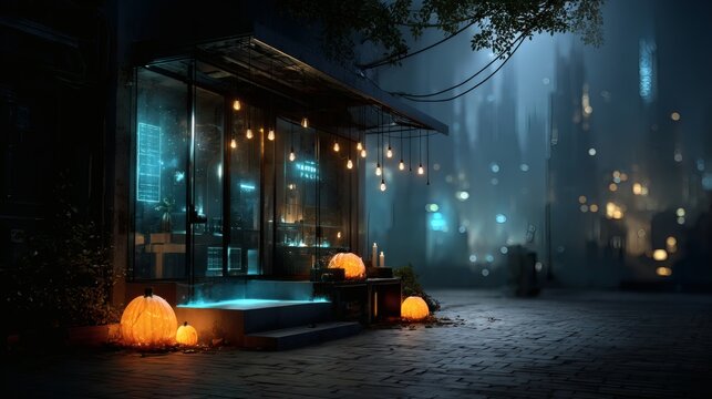 Cyberpunk halloween city, neon glowing pumpkins, holographic ghosts, futuristic witches, glowing skulls, sci fi haunted street, halloween festival atmosphere, high tech spooky art, cyberpunk 