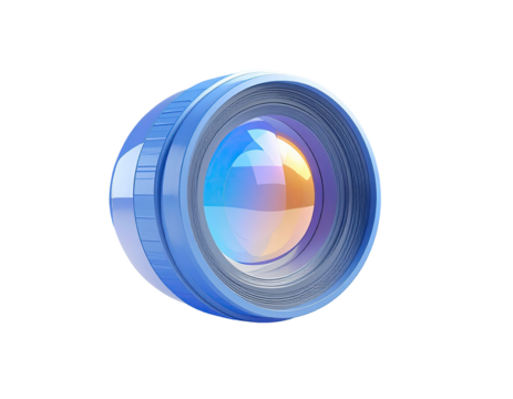 3D illustration of a round, light-blue camera lens.  A vibrant, golden-yellow lens element is central