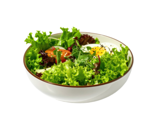 Fresh salad in a white bowl, featuring mixed greens, halved cherry tomatoes, and hard-boiled egg slices