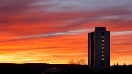 Tall unfinished coastal skyscraper silhouette against vibrant sunset sky with warm orange, pink, purple hues and copy space on the right
