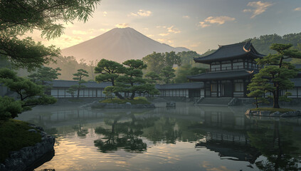 Traditional Japanese Temple with Mount Fuji View