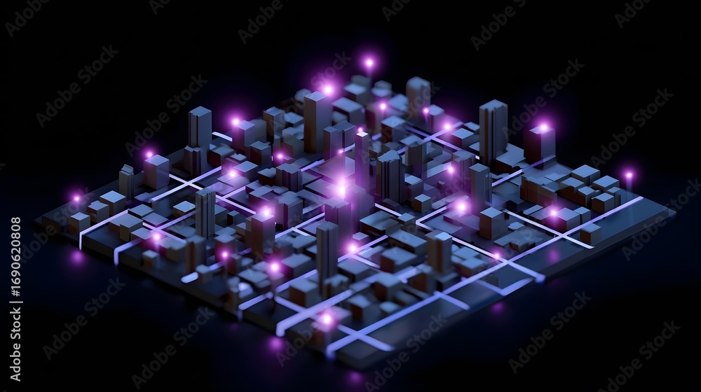 Poster an abstract, futuristic visualization of a complex digital network of interconnected technological c