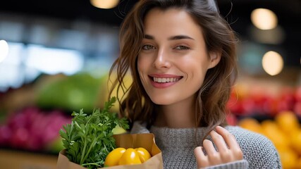 Woman smiling and looking at camera while holding a brown grocery bag filled with yellow tomatoes and fresh herbs. Colorful market backdrop creates a lively atmosphere