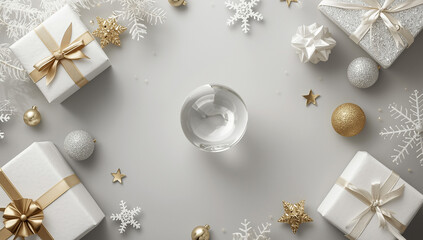 Christmas flat lay with white and gold gift boxes, snowflakes, baubles and holiday decorations on light background