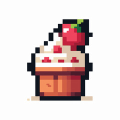 Charming 8-bit style graphic of a delightful cupcake adorned with fluffy white cream and a juicy red cherry, evoking nostalgia and a love for digital sweets and retro designs