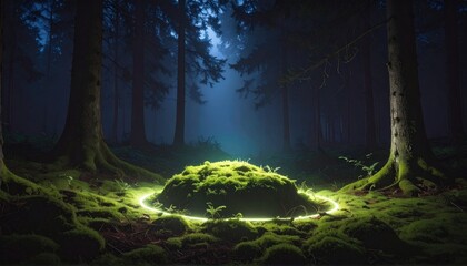 Fototapeta premium A mysterious glowing ring of light on the mossy ground of a deep, dark enchanted forest