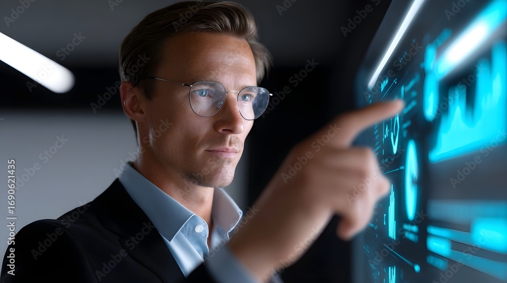 Poster a serious-looking businessman intently interacting with a computer display and interface in a corpor