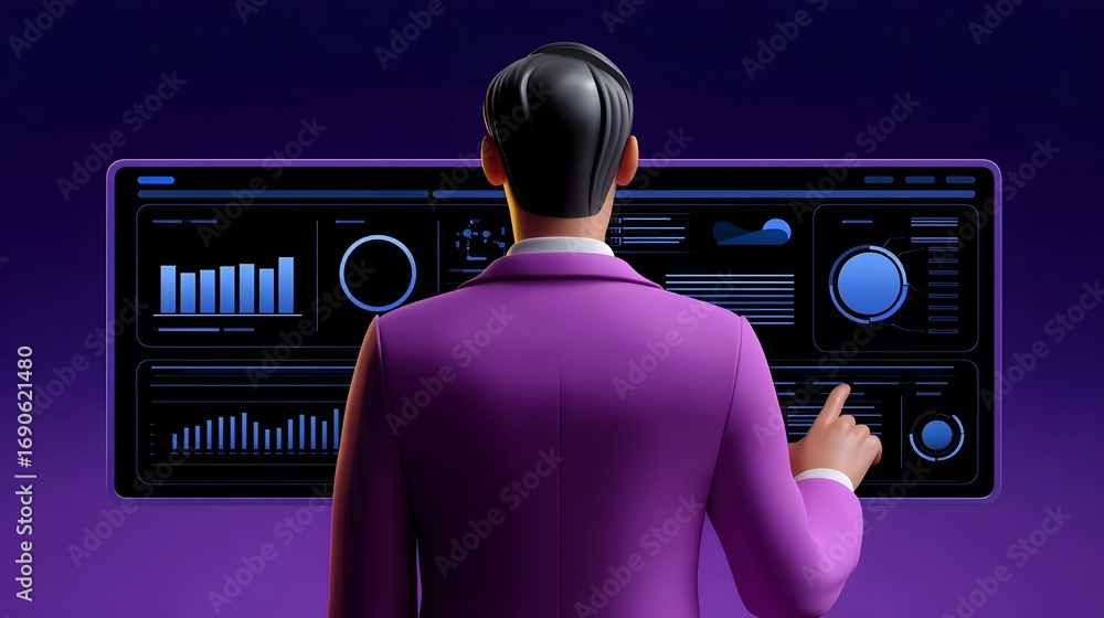 Poster a person wearing a purple shirt stands in front of a large, high-tech digital dashboard displaying v