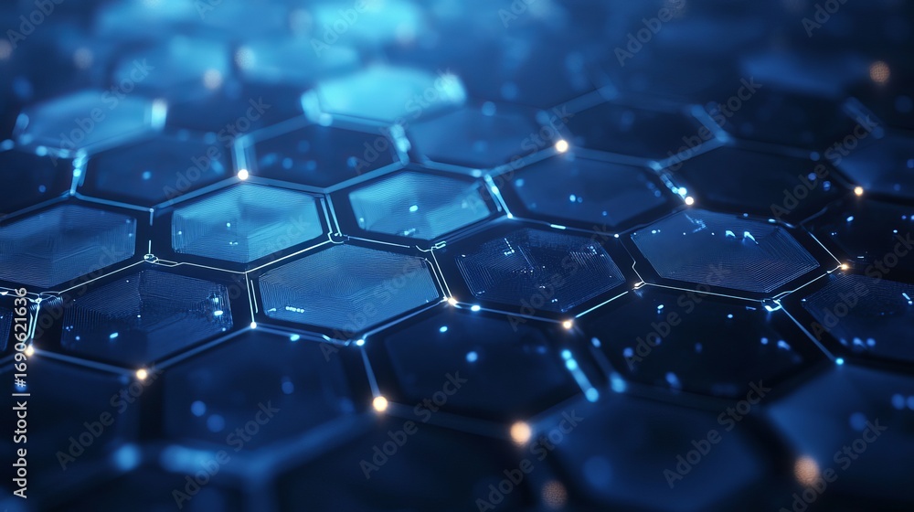 Poster stunning digital network of glowing blue hexagons with interconnected circuits and bright data point