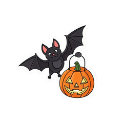Photo of a cute cartoon bat with outstretched wings flying towards a small, grinning jack-o'-lantern with a glass dome, symbolizing Halloween night.