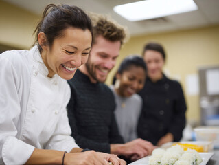 Enthusiastic cooking class featuring diverse students learning culinary arts. Focus on teamwork, education, skillbuilding, and joy in a professional kitchen.