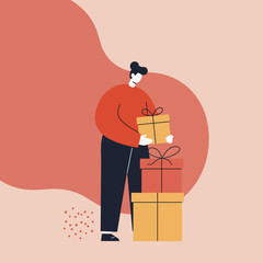 Stylized illustration of a person holding a gift box, with a stack of presents nearby. Perfect for holiday sales, celebrations, shopping, and gift-giving concepts.
