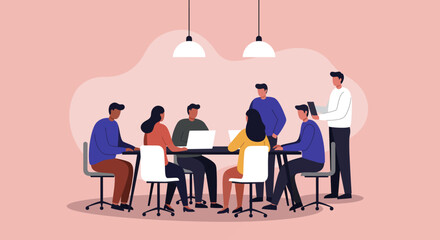 Diverse business team collaborating around a table in a modern office, engaged in a productive meeting. Ideal for teamwork, strategy, and corporate culture.