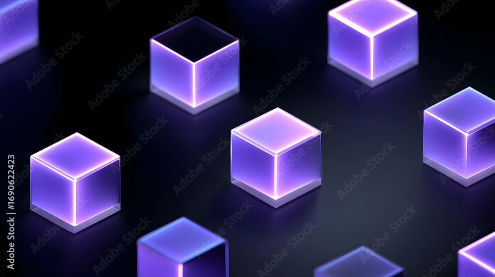 Poster a futuristic digital composition featuring an arrangement of luminous, geometric neon cubes against 