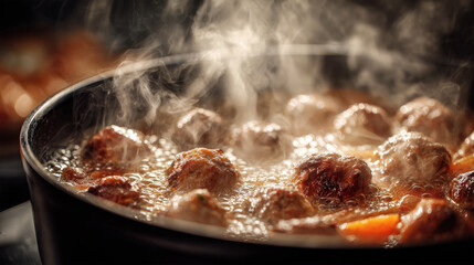 Hot meatball stew in clay pot with herbs
