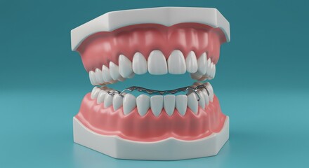 Fototapeta premium Dental model showing teeth with retainer on a blue background in a close up studio shot